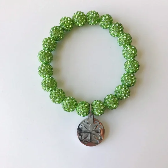 Rustic Cuff Emerson Lime Green Crystal Silver Bead Stretch Bracelet